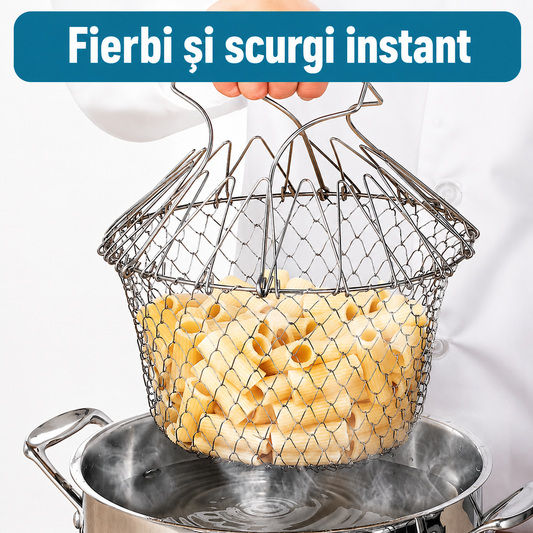Coș Pliabil din Inox – Fierbe, Prăjește și Scurge cu Ușurință