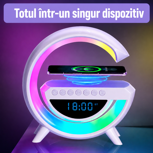 Lampă Smart LED RGB 4-în-1 – Difuzor, Încărcător Wireless și Alarmă