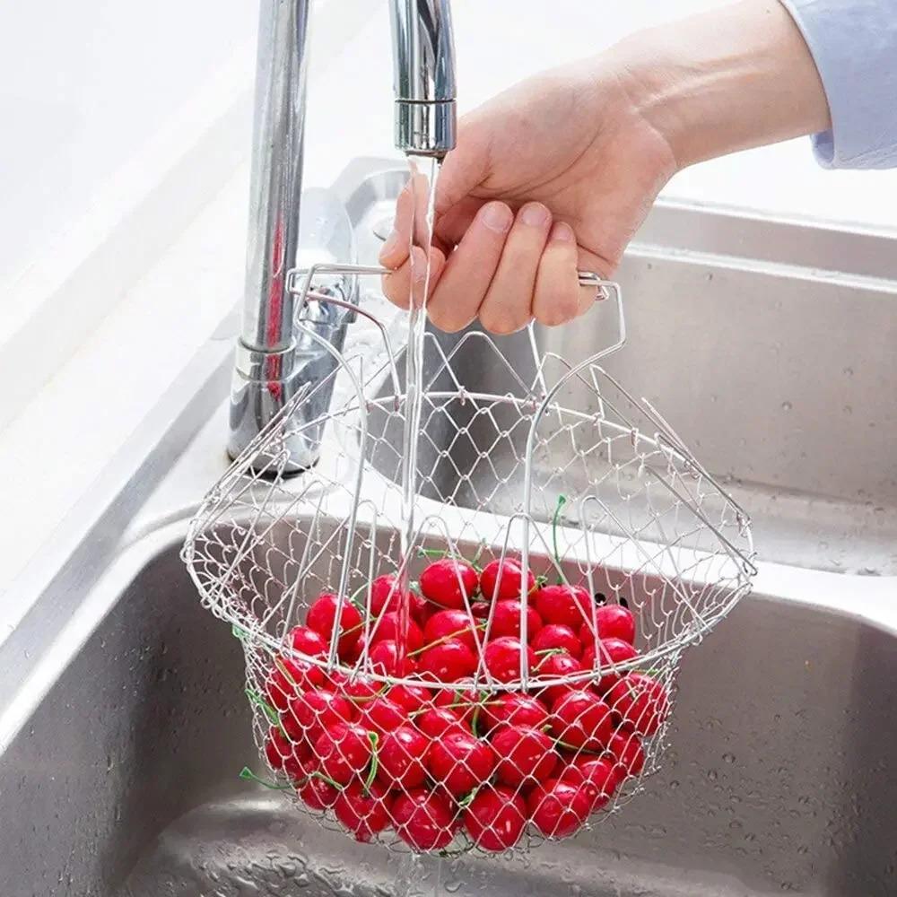 Coș Pliabil din Inox – Fierbe, Prăjește și Scurge cu Ușurință