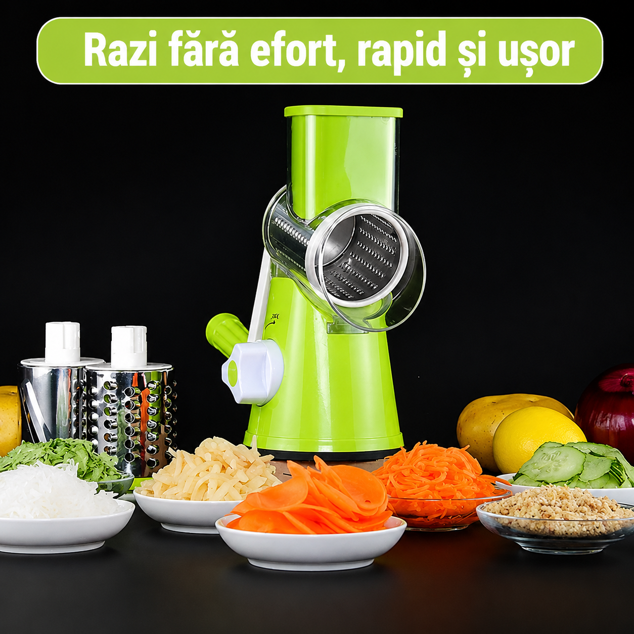 Răzătoare Rotativă cu 3 Lame Inox – Razi și Feliezi Orice Legumă Fără Efort