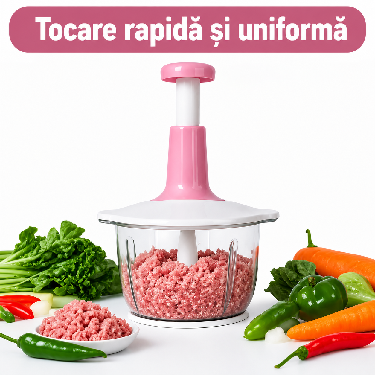 Tocător cu Piston și Lame Inox – Fără Curent, Fără Zgomot, Gata în 10 Secunde