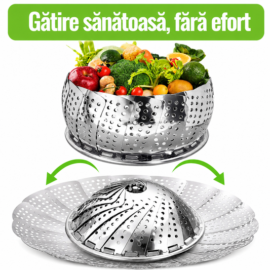 Gătește Sănătos Fără Ulei – Sită Pliabilă din Inox pentru Gătit la Aburi