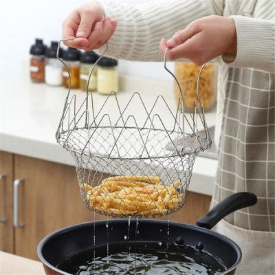 Coș Pliabil din Inox – Fierbe, Prăjește și Scurge cu Ușurință
